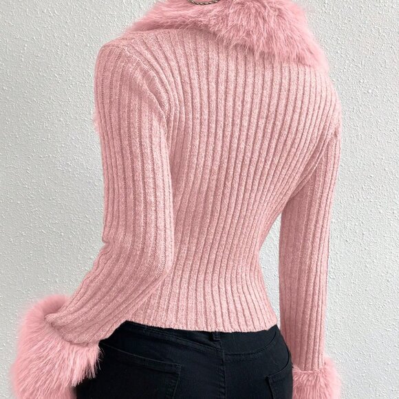 Pink Women's Casual Minimalist Patchwork Faux Fur & Pearl Button Cardigan - Picture 2 of 8